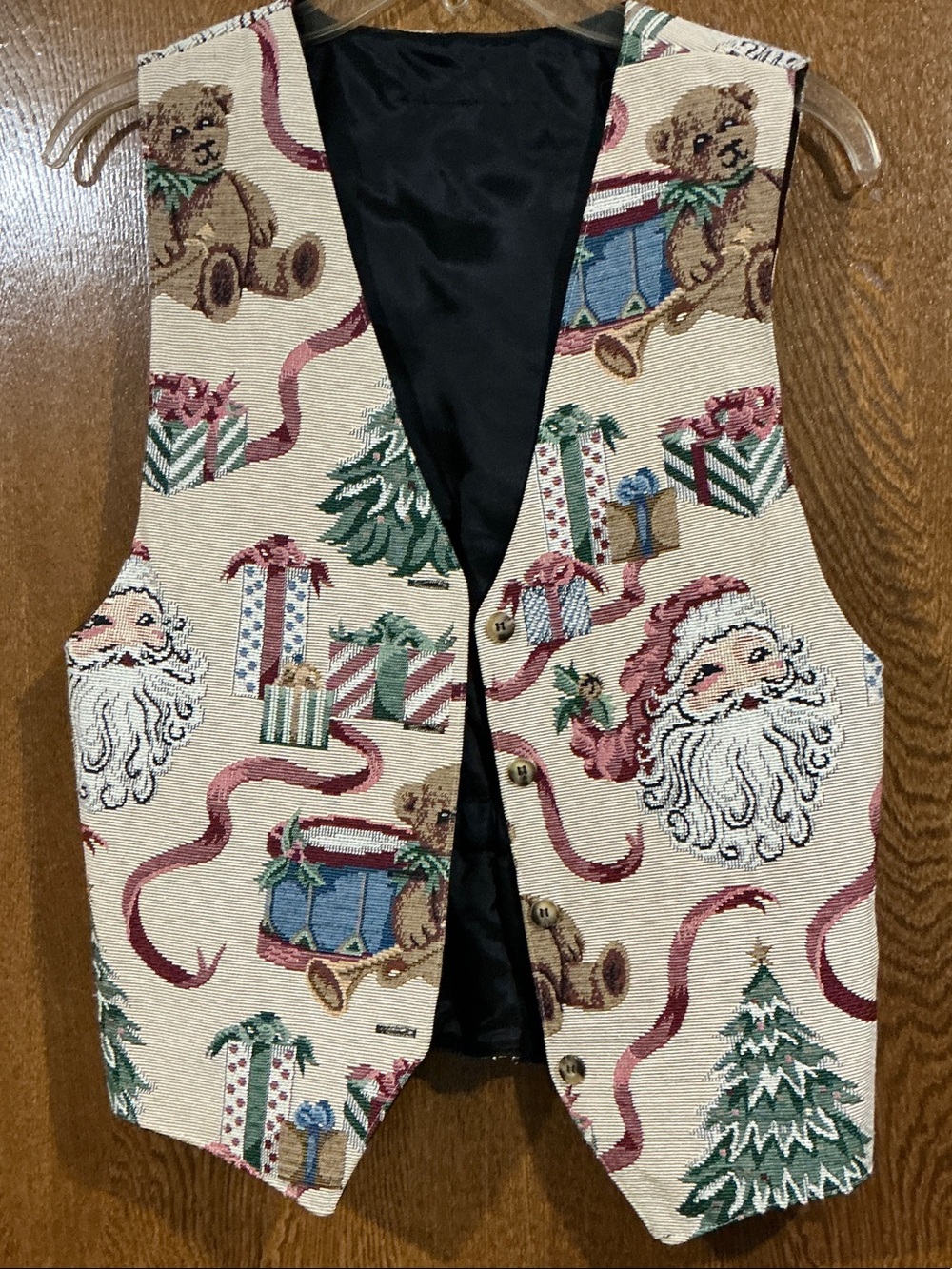 Holiday Vest in Beige with Santa & Teddy Print